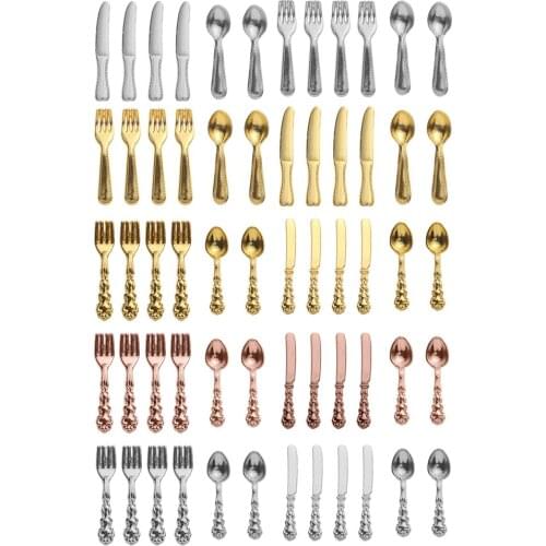 12PCS Metal Miniature Tableware 1:12 Scale Gold/Silver Fork Knife Spoon Simulation Mini Cutlery Dollhouse Kitchen Furniture Toy