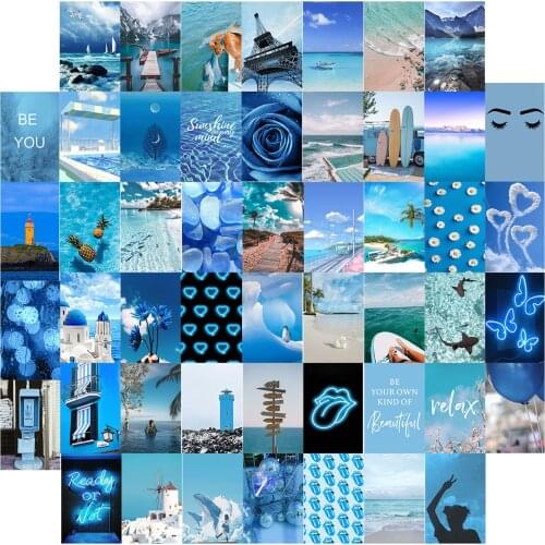 50 PCS Wall Stickers Wall Collage Kit Blue Elements Aesthetic Poster Home Decor Postcards Collection 10x15cm For Teen Girls Boys