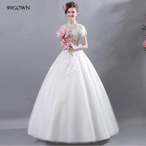 99GOWN Wedding Dress Women Simple 2021 Short Sleeve Stand Collar Lace-Up Embroidery Beading Luxury Satin Bridal Dresses