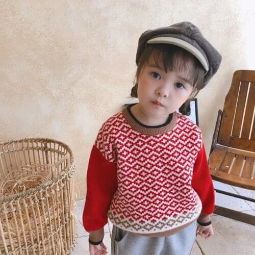 Childrens sweater 2019 winter new retro pattern sweater boys and girls thick round neck sweater childrens casual sweater