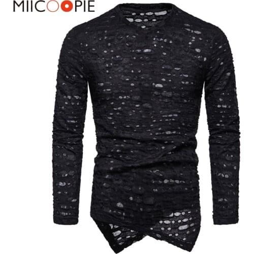 Steampunk Retro Hole Mens Tshirts 2021 Summer Brand Causal Irregular V-neck Long Sleeve Streetwear Camisetas Hombre Men Tee Tops