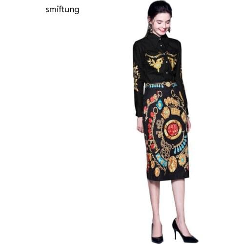 Wholesale smiftung Spring and Autumn womens shirt and skirt suit / fashion black printing clothing