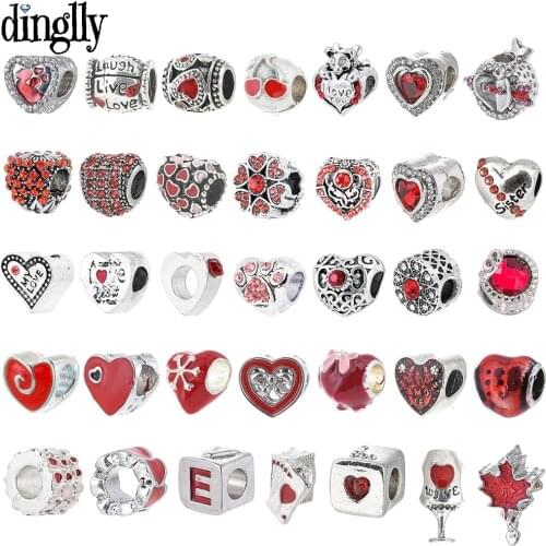 Dinglly Red Love Heart-shaped Beads Fine Charm For Bracelets & Necklace Original Womens Handmade Jewelry Accessories Beaded