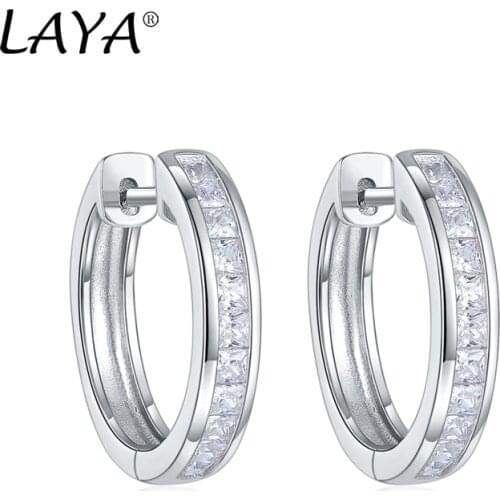 LAYA Real 925 Sterling Silver Classic Round Silver Hoop Earrings Authentic Clear Zircon Earrings For Women Fashion Jewelry