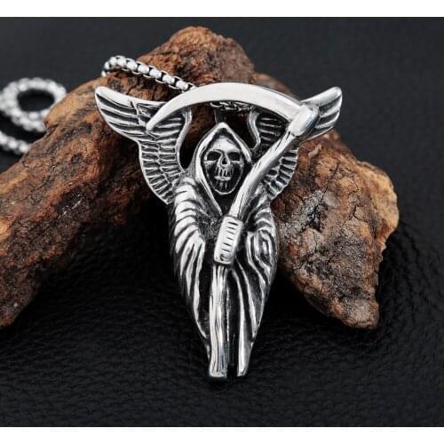 Gothic Grim Reaper Death Scythe Skull Pendant Neckalce Men Stainless Steel Punk Biker Long Chain Necklace Male Hip Hop Jewelry
