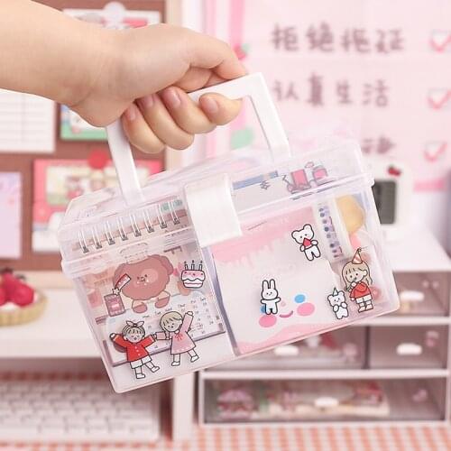 Korea Ins Portable Storage Box Desktop Dustproof Large Capacity Finishing Case Free Sticker Portable School Stationery Storage