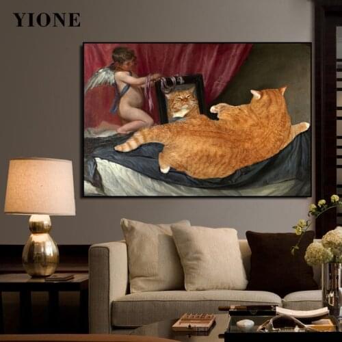 Retro Angel and Fat Cat God Art Canvas Poster Funny Abstract Animal Wall Picture Prints Home Decoration Painting for Living Room