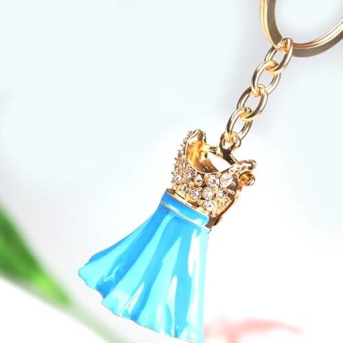 Blue Dress Clothes Skirt Fashion Creative Cute Crystal Charm Purse Handbag Car Key Keyring Keychain Party Wedding Birthday Gift