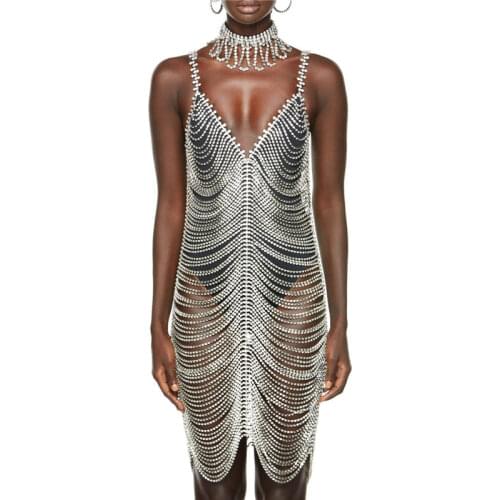 Handmade Top Luxury Leotard Crystal Bodysuit Harness Body Sexy Lingerie Chain Women Banquet Rhinestone Body Chain Bikini Dress