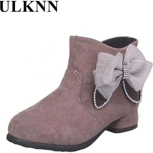ULKNN 2020 Kids Short Boots For Girls Fashion Bow Plus Velvet Warm Cotton-padded Princess Shoes Students Solid Winter Footwears