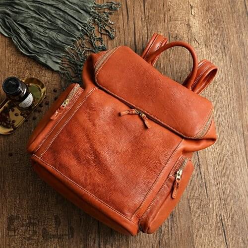 Leather Large Capacity Backpack Vegetable Tanned Leather Washing Retro Manual Travel Backpack European and American Trend Bag