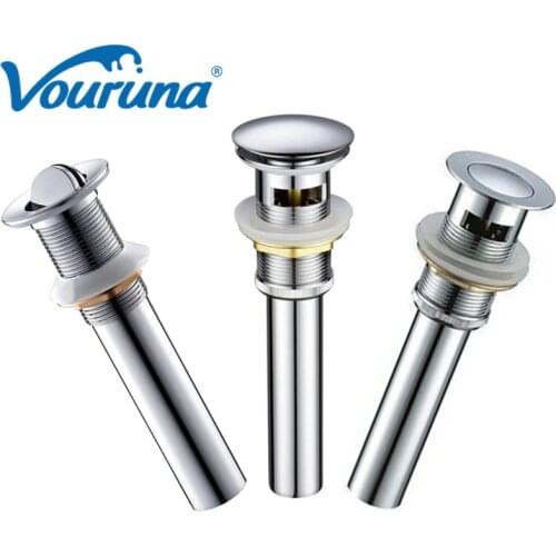 Vouruna Pop Up Stopper Slotted Clicker Waste With Overflow Hole Flip Pop-Up Drainer Without Spillway Hole Chrome Solid Brass