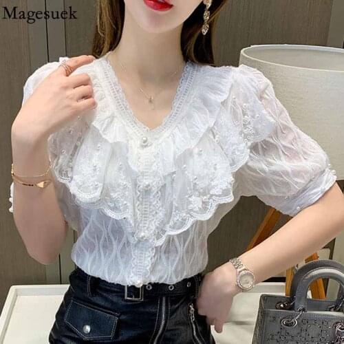 New 2021 Casual Loose Beading Lace Shirt Korean Fashion Summer Ruffle Blouse Women Chic Hollow White Cotton Tops Blusas 15536