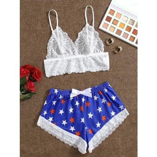 Women Sleep Wear Sexy Lingerie Satin Lace V-Neck Camisole Shorts Set Sleepwear Pajamas Women Sexy Clothes