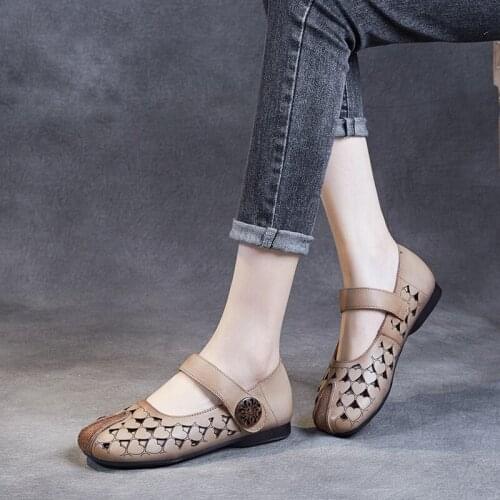 YourSeason Genuine Leather Ladies Sandals Hook Loop Vintage Shoes Flat With 2021 Concise Handmade Women Hollow Sewing Sandals