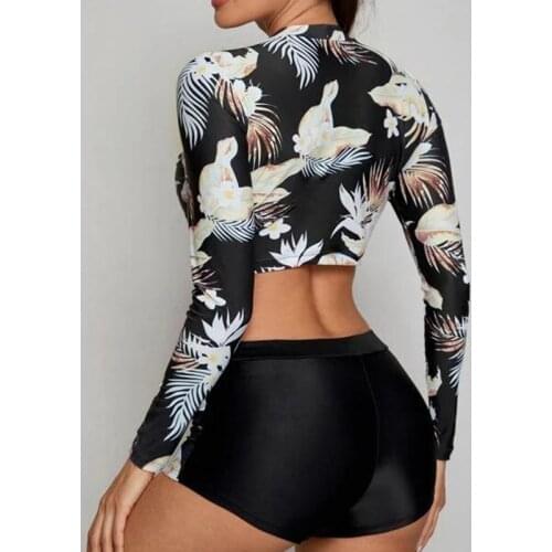 Women Sexy Two Piece Swimsuit High Waist Print Bathing Suit Push Up Bikini Set Long Sleeve Swimwear Women A30