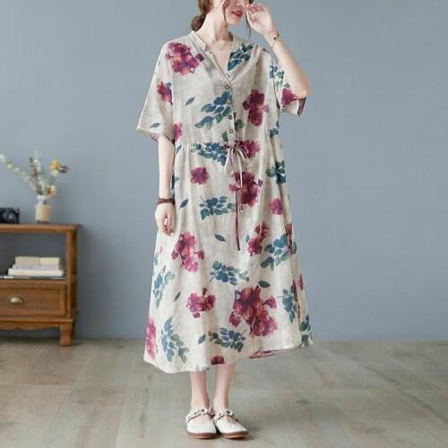 Thin Soft Cotton Linen Loose Cozy Blouse Dress 2021 New Arrival Print Floral Vintage Women Dress Office Lady OL Work Dress