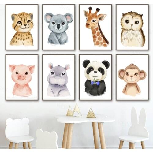 Giraffe Monkey Panda Leopard Hippo Koala Owl Poster Nursery Wall Art Print Canvas Painting Wall Pictures Baby Kids Room Decor
