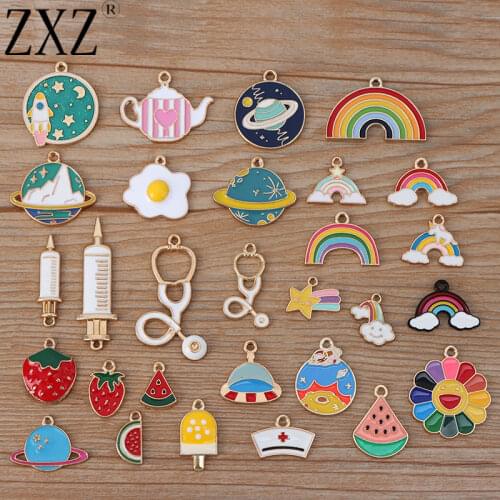 ZXZ 29pcs Mixed Alloy Fruit Planet Rainbow Clouds Stethoscope Syringe Enamel Charms Pendants Beads for Necklace Bracelet Making