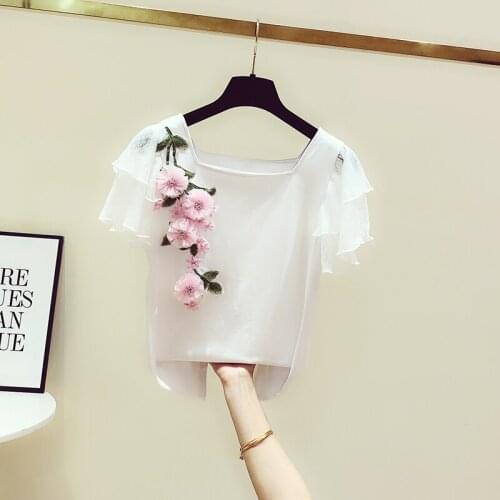 2020 T Shirt Girl Summer New Korean Sweet Lace Lotus Leaf Sleeves Three-dimensional Flowers applique Collar T-shirt Womens