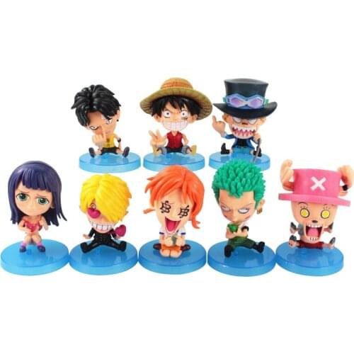 8pcs/Set 8-10cm OP Anime Luffy Sanji Zoro Ace Sabo Nami Robin Tony Tony Chopper Sit Down PVC Action Figure Model Toys Kids GIft