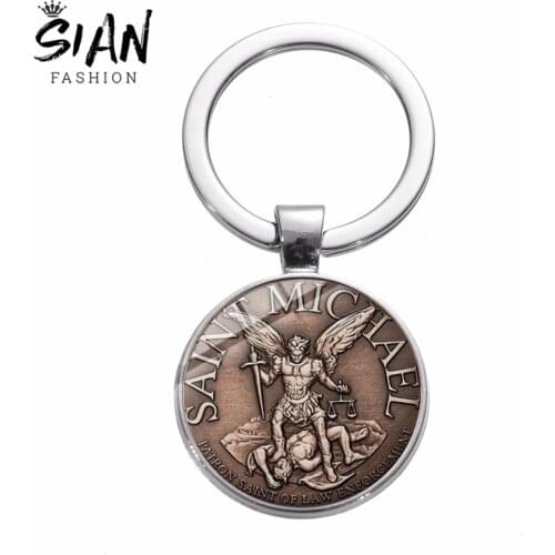 SIAN Vintage Archangel St.Michael Keychain Protect Me Saint Shield Orthodox Glass Dome Pendant Amulet Key Chain Keyring Souvenir