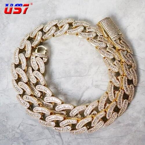 US7 15mm Miami Cuban Link Chain Spring Buckle Baguette Stones Gold-plated Necklace For Men Women Hip Hop Fashion Jewelry Gifts