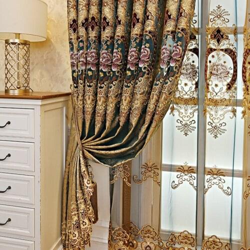 European luxury blackout curtains for bedroom living room brown gold embroidered sheer tulle curtain for windows