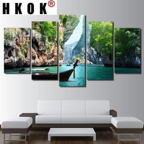 HKOK Art Pictures Printed Home Decor Posters Framework 5 Pcs Nature Landscape Modern Painting On Canvas Living Room Wall