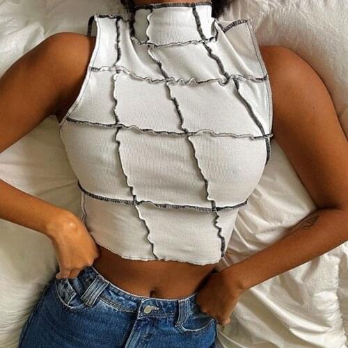 Reverse Trim Tank Tops Close-fitting Sexy Turtleneck Sleeveless Patchwork Slim Wild Casual Female Summer Cropped Vest
