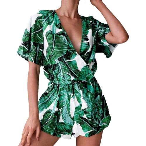 80% HOT SALES！！！Tropical Leaves Print Women Summer V-neck Bandage Romper Short Pants Jumpsuit