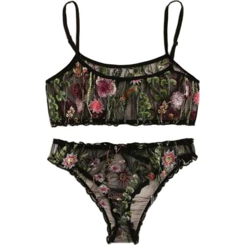 Fashion bra set Womens sexy Embroidery lingerie Wire free transparent lingerie Embroidered Mesh Sheer Lingerie Set bh