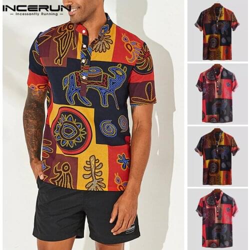 INCERUN 2021 Ethnic Style Print Cotton Men Shirt Loose Short Sleeve Stand Collar Tops Retro Breathable Men Hawaiian Shirts S-5XL