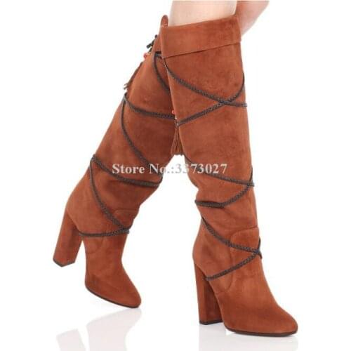 New Cross Ropes Woman Fringe Long Boots Best Design Suede Chunky Heel Tassel Over the Knee Boots Ladies Large Size Banquet Shoes