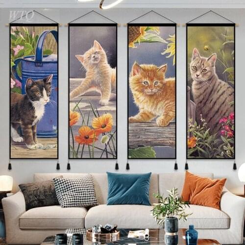 Retro Poster Tabby Cat, Orange Cat, Chinese Pastoral Cat Retro Poster Canvas Painting Wall Decor Wall Art Picture Home Decor