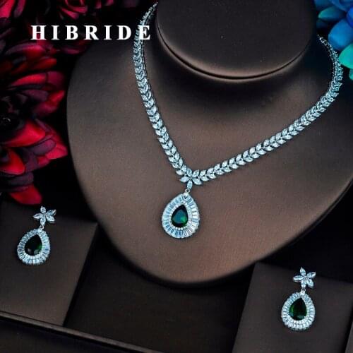 HIBRIDE Luxury Brilliant Full Cubic Zirconia Jewelry Sets For Women With Big Green Water Drop Necklace Sets Wedding Gifts N-504
