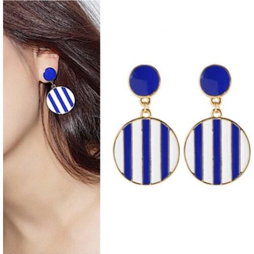 New Fashion charm Classic Blue white Stripes Earring simple Round Statement clip on earrings For Women ear clip Jewelry