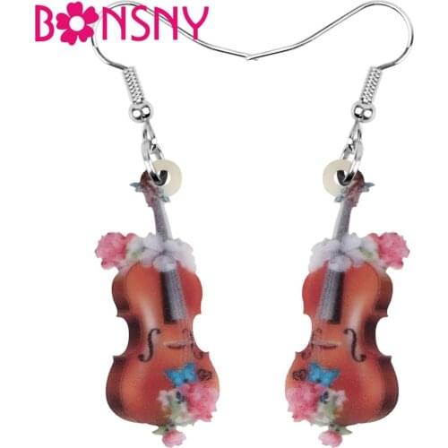 Bonsny Acrylic Wood Color Violin Fiddle Earrings Big Instrument Drop Dangle Jewelry For Women Girls Teens Charm Decorations Gift