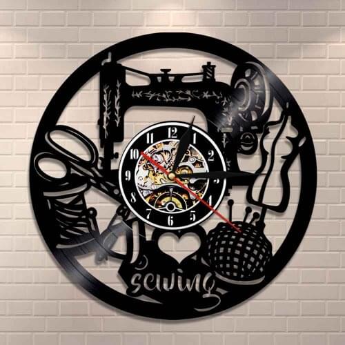 Sewing Machine Cross Stitch Vinyl Record Wall Clock Vintage Sewing Artwork Wall Clock Retro Quilting Home Decor Mamas Gift