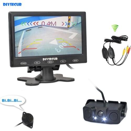 DIYSECUR 7" Touch Button Ultra-thin Car Monitor + LED Rear View Car Camera Wireless Parking Radar Sensor Assistance System