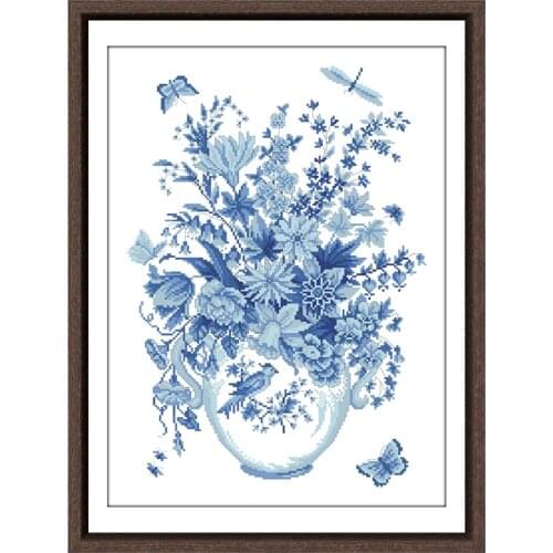 Fresh mood cross stitch package blue flower butterfly vase 18ct 14ct 11ct cloth cotton thread embroidery DIY handmade needlework