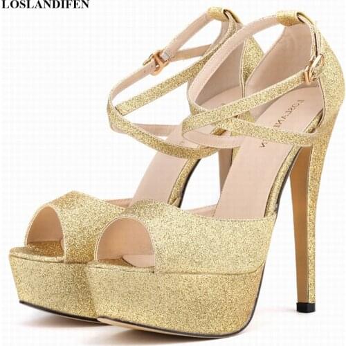 Fine Flash Sequined Cloth Peep Toe Women Sandals New Sexy Hollow Cross Buckle Wedding Shoes Platform High Heels Lady Pumps Party