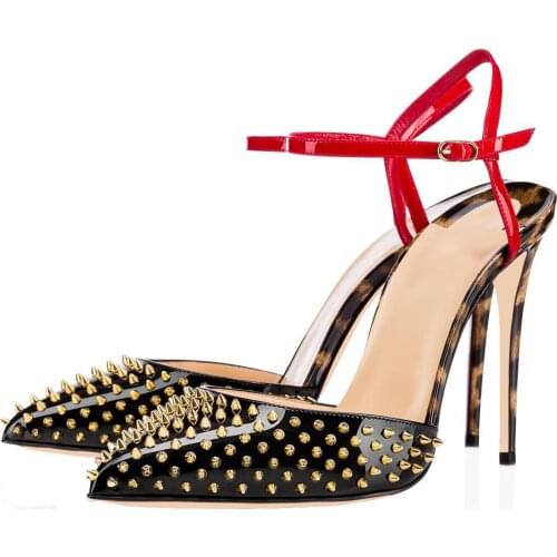 Fashion Sexy Pumps Heels Leopard Rivet Thin Heel Womens Shoes Slingbacks Pointed Toe High Heels Sandals Women Nightclub Pump
