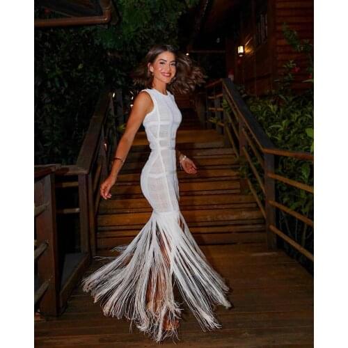 High Quality Sexy Women White Tassel Tank Dress Rayon Bandage Simple Elegant Homecoming Evening Party Dress