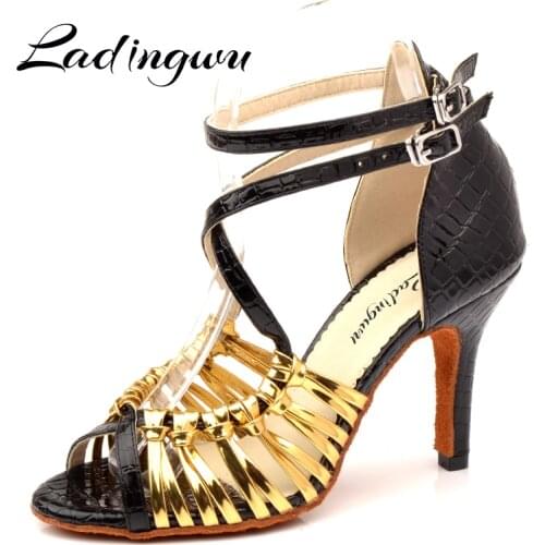Ladingwu Dance Shoes Women Crocodile texture PU Salsa Dance Shoes ladys Unique Design Paty Ballroom Latin Dance Shoes Gold
