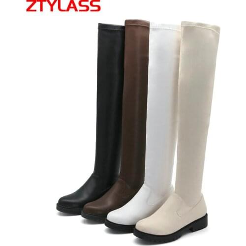 Black White Brown Autumn Winter Womens Boots Fashion Slip On Over The Knee Boots Women Comfort Low Heel Long Boots Round Toe