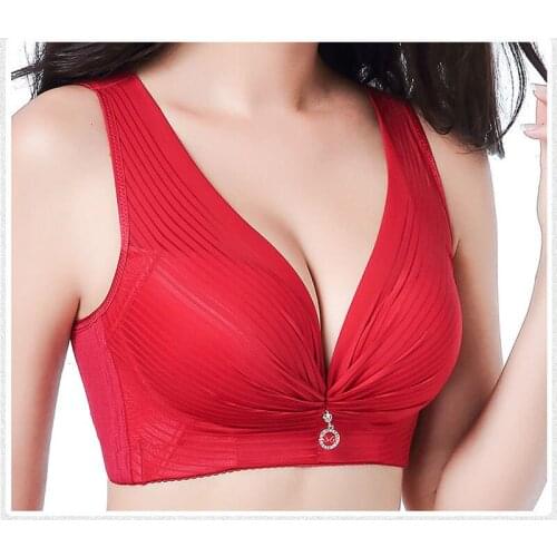 Sanderala Women Lace Plunge Vest Bra Deep V Wireless Brassiere Plus Size Wide Strap Sexy Underwear C / D Cup U Back Bras Femme