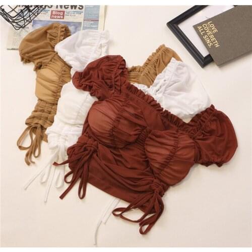 European Summer New Sexy Umbilical Puff Sleeve Drawstring Pleated Waist Short Cropped Tops Women Fashion Streetwear 2021