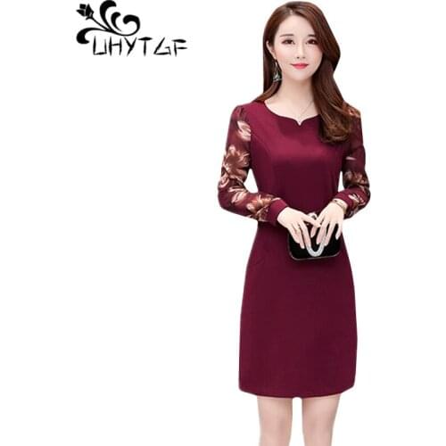 UHYTGF Womens dress fashion printed stitching Spring autumn dress long sleeve chiffon Casual 4XL Plus size dresses vestidos 788