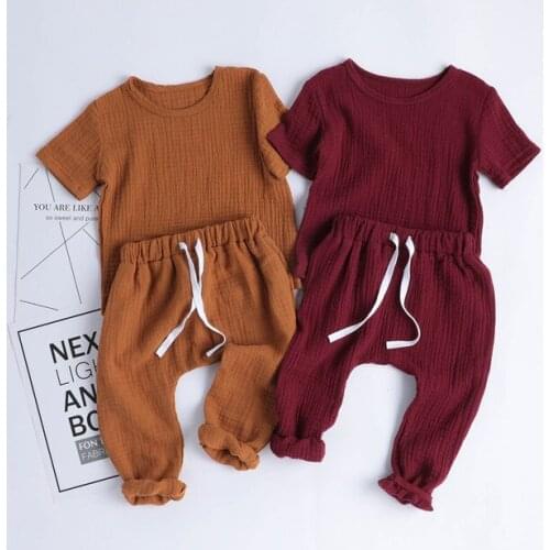 2Pcs Baby Girl Boy Cotton Linen Outfit Newborn Short Sleeve T-Shirt Tops and Drawstring Pants Basic Casual Clothes